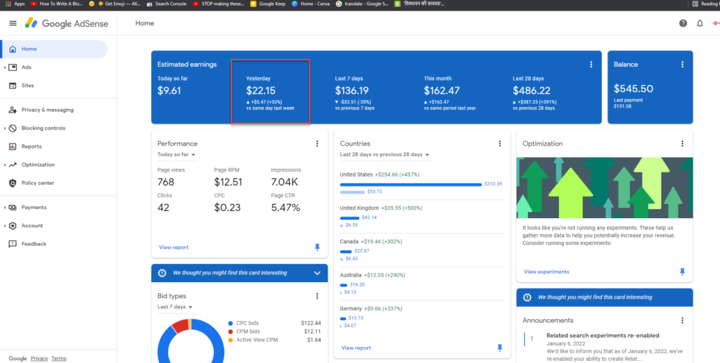 Google Adsense Dashboard